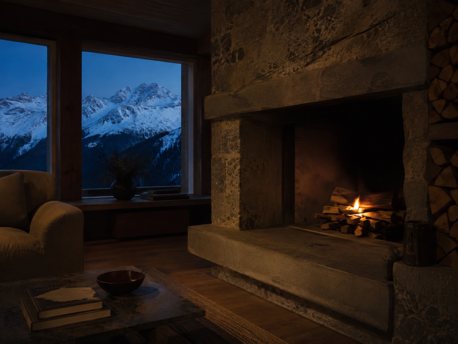 Offener Kamin mit geschichtetem Holz, Bergblick zur blauen Stunde